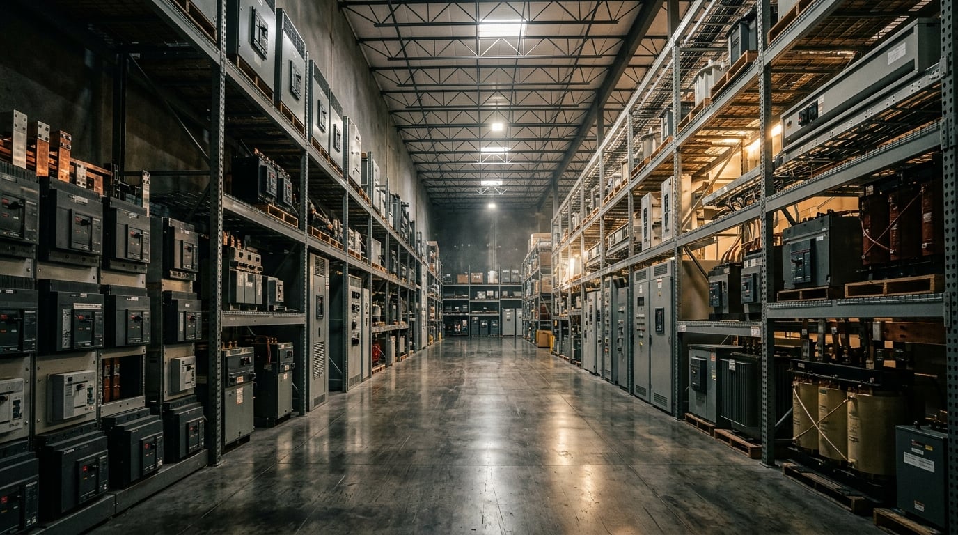 Industrial warehouse stocked with circuit breakers, transformers and switchgear